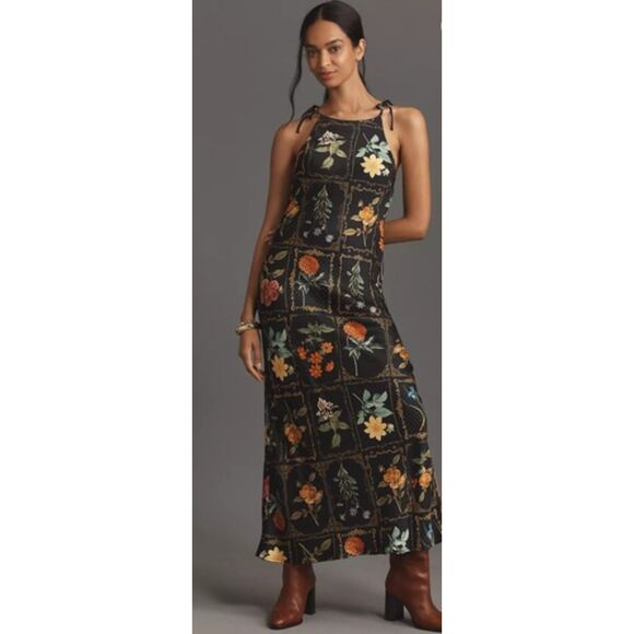 Anthropologie Dresses & Skirts - By Anthropologie Midi Dress Tie-Neck Column Floral Black Cottage Woman sz Medium
